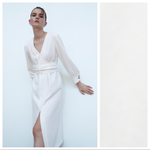 Nwt Zara White Belted Midi Dress Size L 